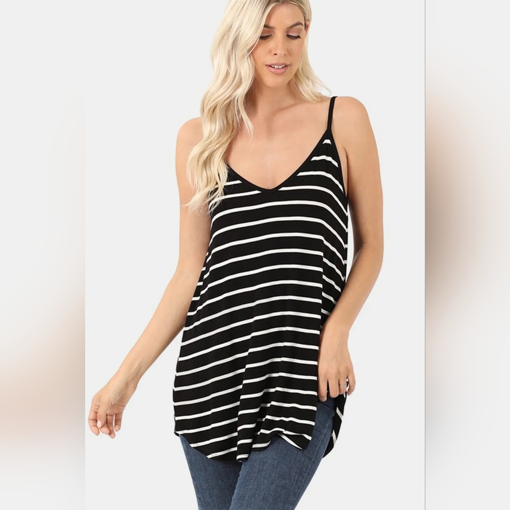 Zenana Black White Striped V Neck Curved Hem Flowy Cami Tank Top New - Picture 3 of 3